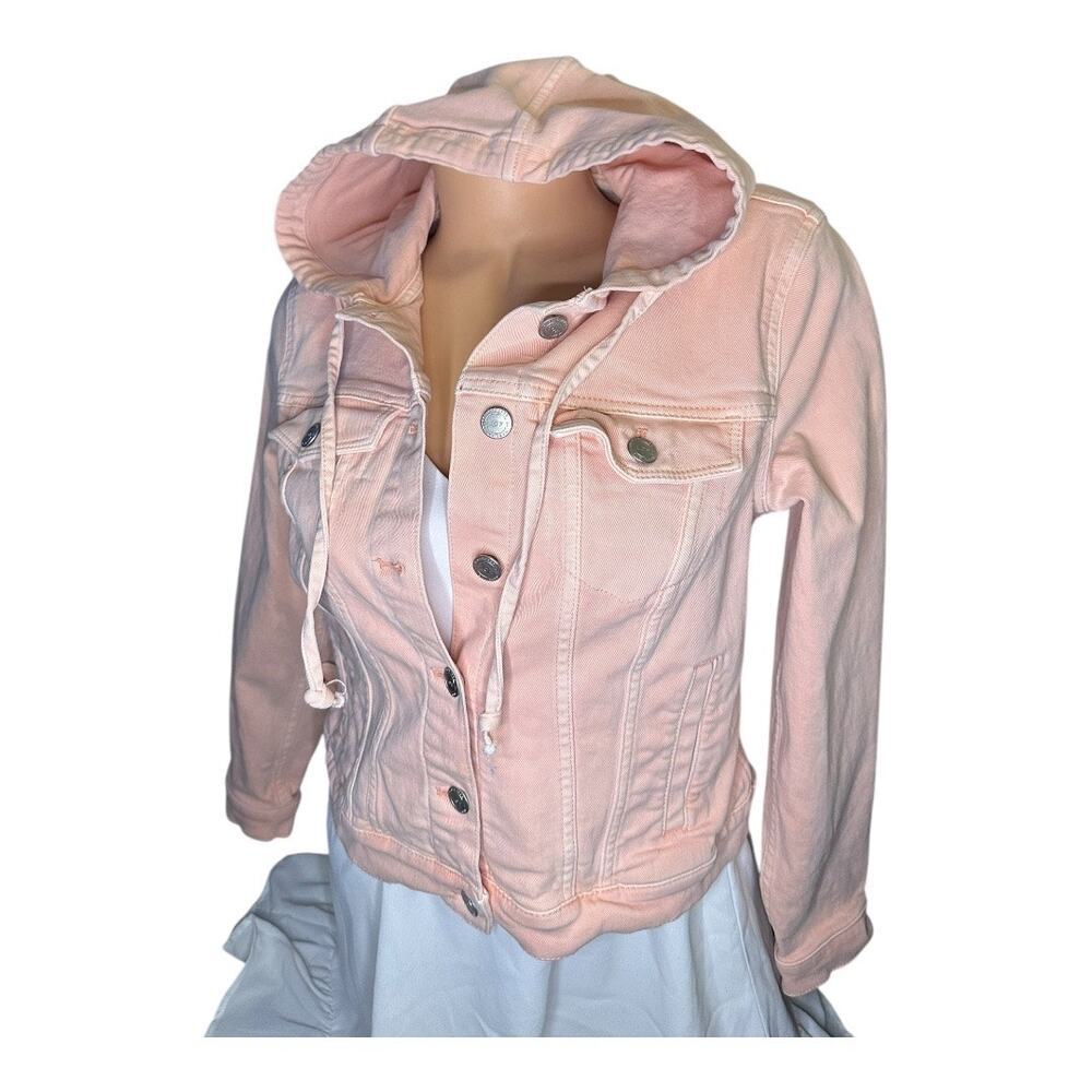 LOFT Hooded Jacket light peachy-pink blush Denim Coat Button Up size small